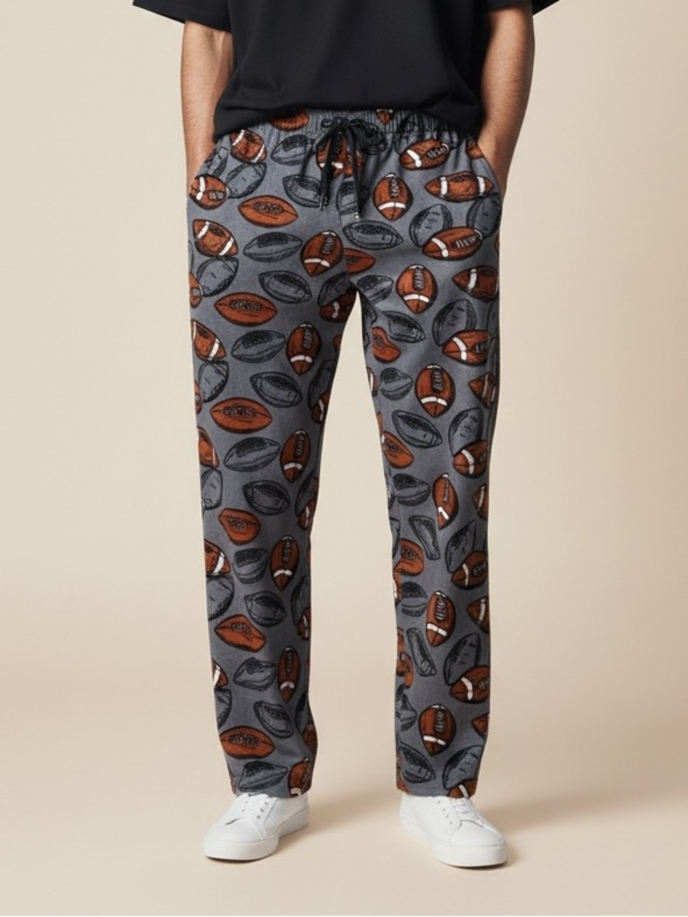 Gray Football Print Drawstring Men’s Pants- Medium